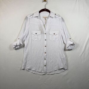 Nectar White Button Front Roll Tab Sleeve Blouse Top Women Size 7 NWT Lightweigh